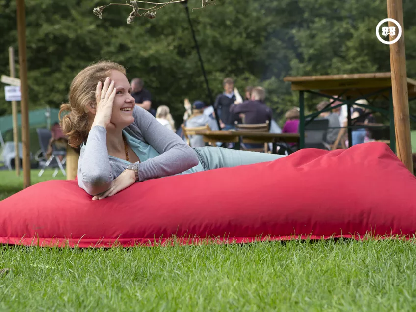 Chillen op een kussen op het grasveld